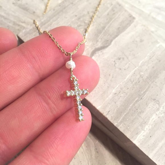 Tiny White Pearl CZ Cross Necklace Sterling Silver - Picture 3 of 4